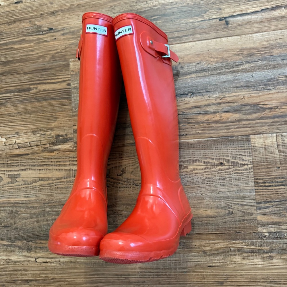 Hunter Rain Boots Women Size 9 Orange Original Tall Gloss Waterproof Clemson - Picture 3 of 9